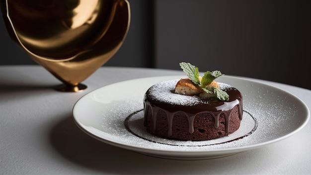 Photo elegantly plated chocolate cake with glossy ganache