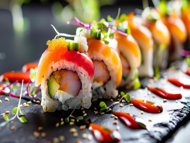 An elegantly plated sushi roll adorned with vibrant slices of fresh fish and delicate garnishes ar 1