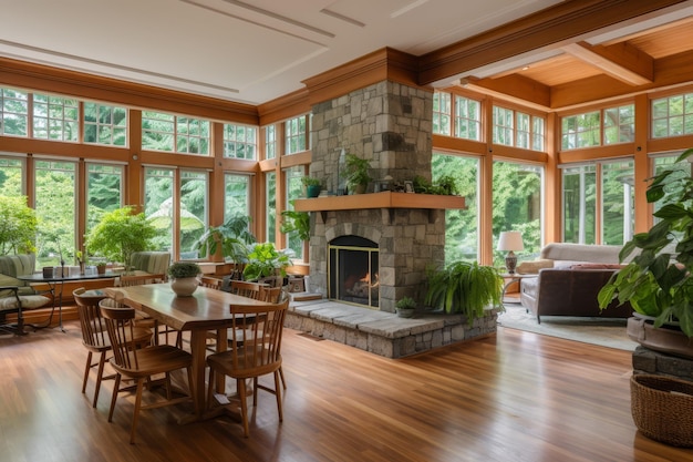 Elegantly set dining table in stylish dining room with fireplace and large windows