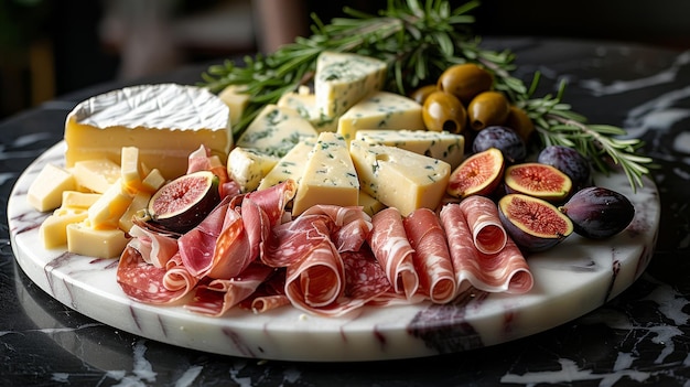 An elegantly set marble platter showcasing Italian cheeses ParmigianoReggiano Pecorino Romano