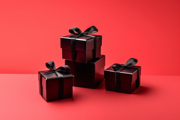 Elegantly wrapped black gift boxes on vibrant red background Perfect for holiday season Created with Generative AI technology