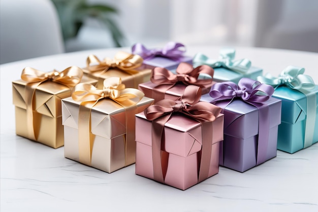 Elegantly wrapped multicolored gifts tied with decorative ribbons on light background