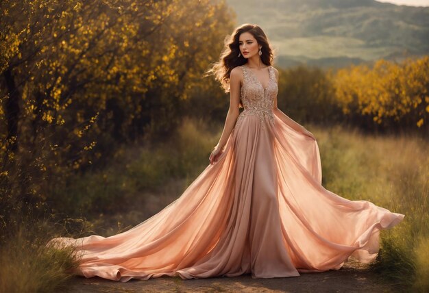 Photo elegent young woman in beautiful dress sitting on chair with flowers in fashion luxury interior room