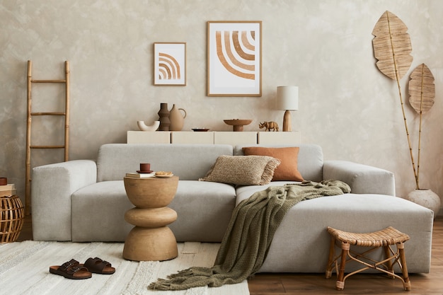 Elegnat living room interior design with mock up poster frame, grey corner sofa, coffee table and personal accessories. Pastel neutral colours. Template.