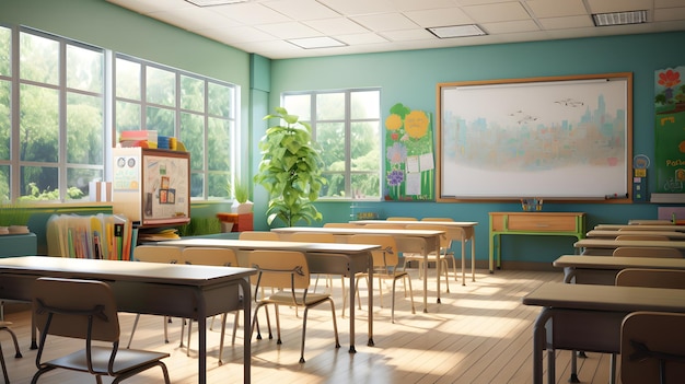 Elementary school classrooms without children and teachers