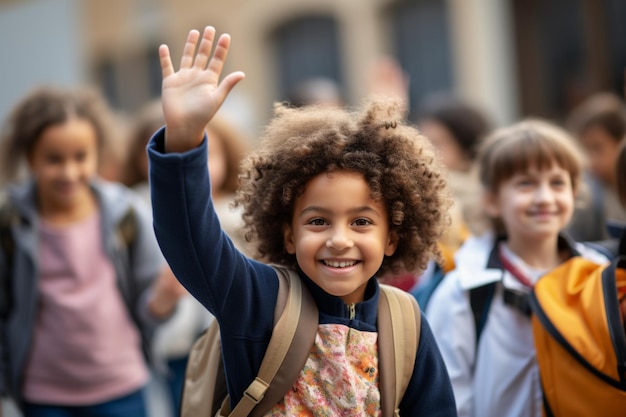 Elementary school students waving hello