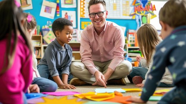 Elementary School Teacher Interacting With Diverse Students