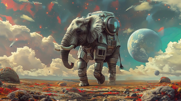 Elephant in an astronaut suit walking on an alien planet with colorful landscapes and two moons