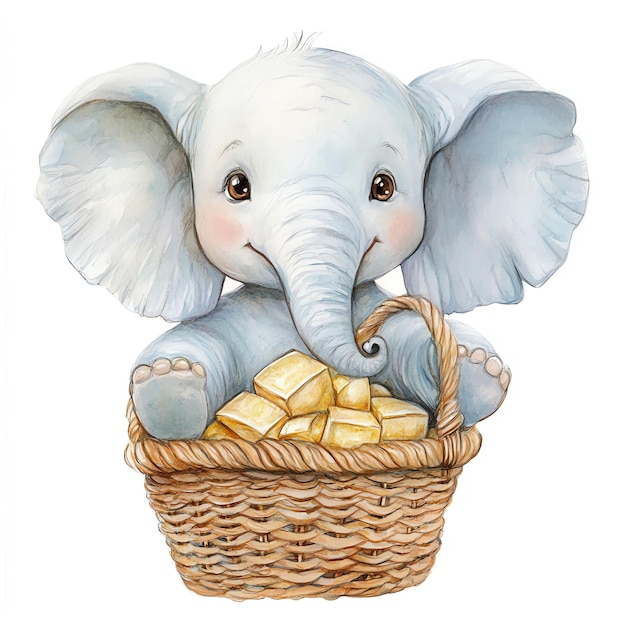 Photo elephant in basket nuresery watercolor