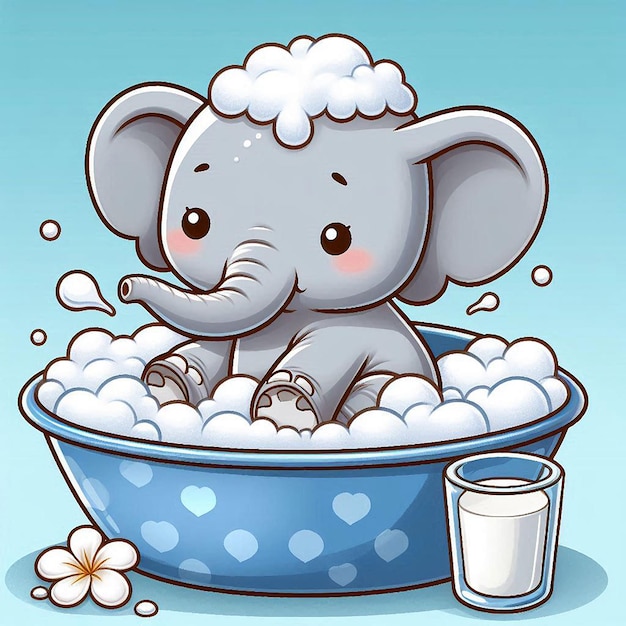 an elephant in a bath with a cup of water and a picture of a baby elephant