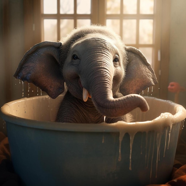 Photo an elephant in a bath with a dirty tub.