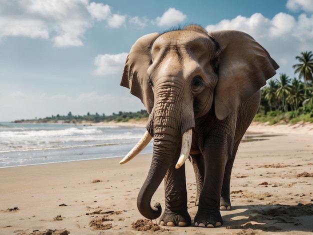 Photo an elephant on the beach with the ocean in the background