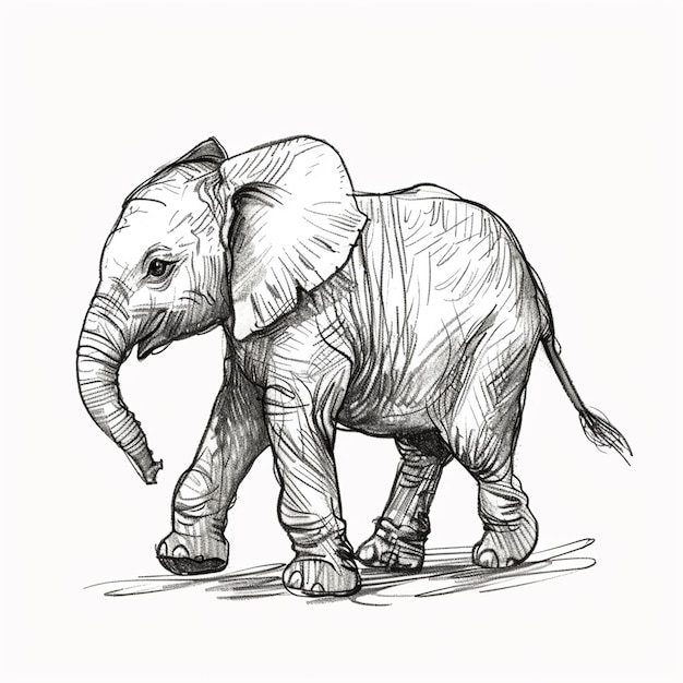 Elephant calf isolated pencil drawing on white paper artwork