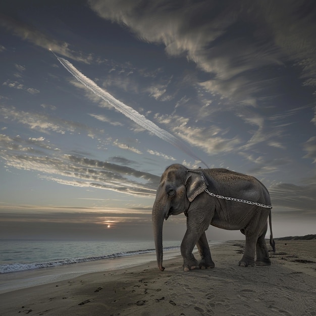 Photo elephant chained on beach path with a contrail in the sky