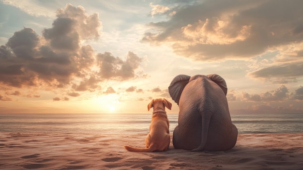 Photo elephant and dog watching sunset