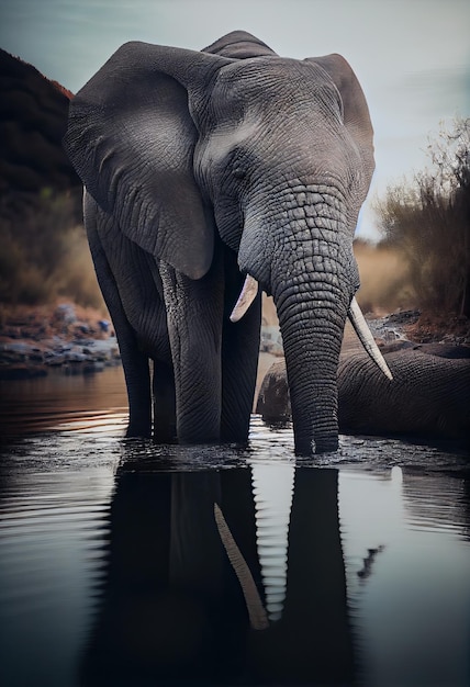 Elephant drinking from a river with its trunk generative ai