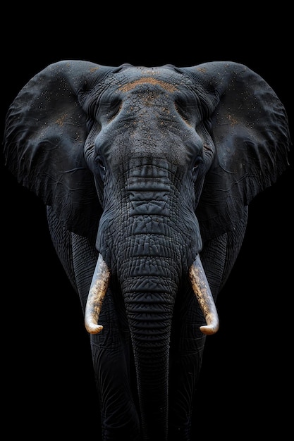 Elephant facing forward dramatic lighting black background powerful and majestic