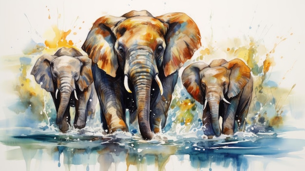 Elephant family splashing in a river playful and loving interaction vivid and expressive watercolor strokes isolated on white background