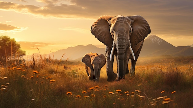 Elephant family walking together Father mother and baby elephant enjoying their