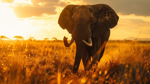 Photo an elephant in a field with the sun setting behind it