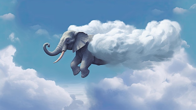 An elephant flying through clouds