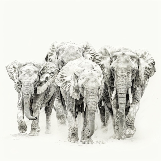 Elephant Herd isolated pencil drawing on white paper artwork