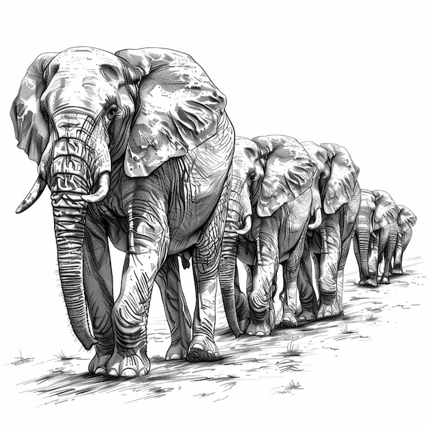 Elephant Herd isolated pencil drawing on white paper artwork