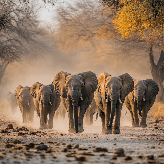 Photo elephant herd marches through the dusty wilderness