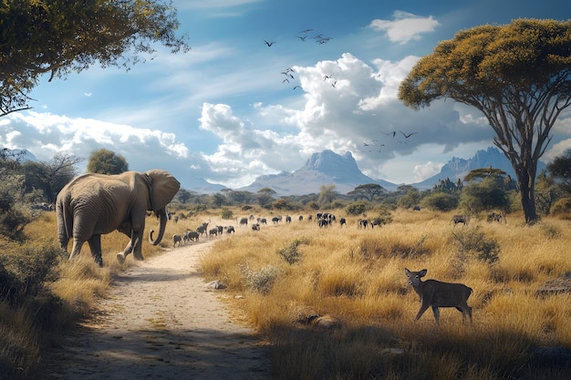 Elephant Herd Walking on a Path Through the African Savanna