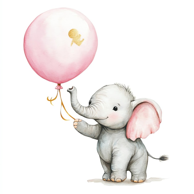 elephant holding a pink balloon nuresery watercolor