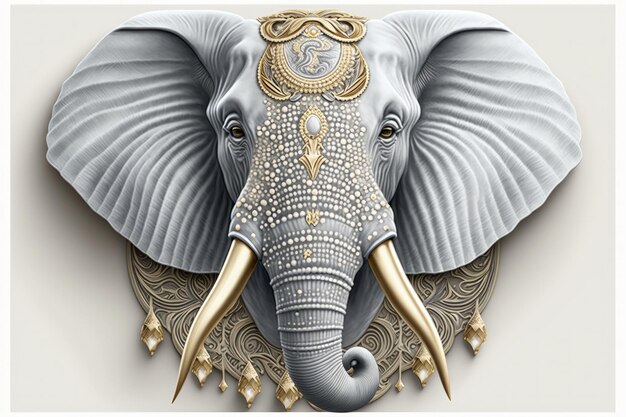 Elephant illustration with golden trappings white background Generative AI