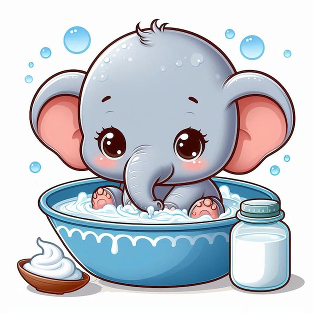 an elephant is in a bath with soap and a bottle of milk