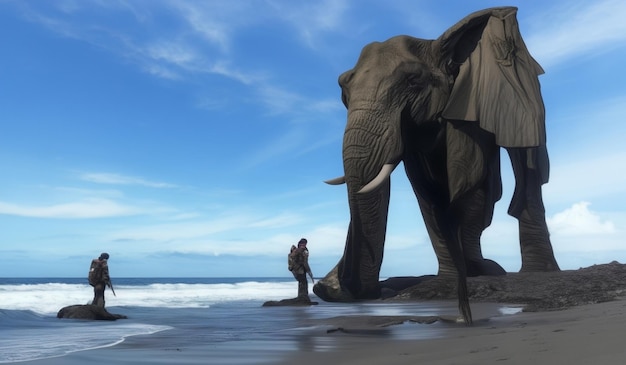 Photo an elephant is standing on the beach and the man is standing next to him