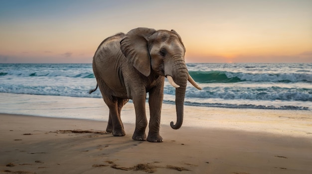 an elephant is standing on the beach and the ocean is in the background