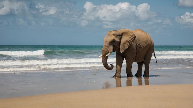 an elephant is standing on the beach and the ocean is in the background