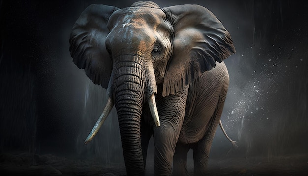 An elephant is standing in front of a dark background.