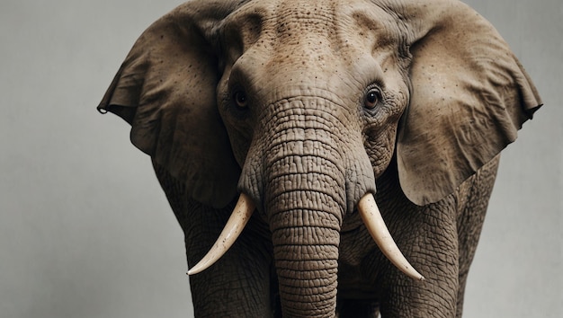 An elephant is standing on a patch of dry cracked earth The background is obscured by a grey fog