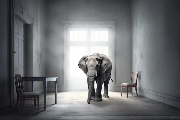 An elephant is standing in a room with a chair and a chair.