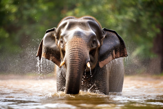 an elephant is wading in the water