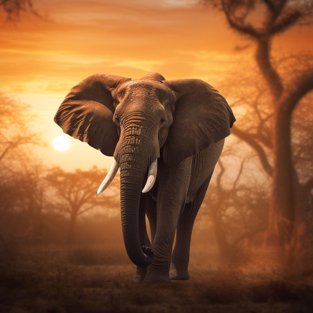 An elephant is walking in a field with trees in the background.