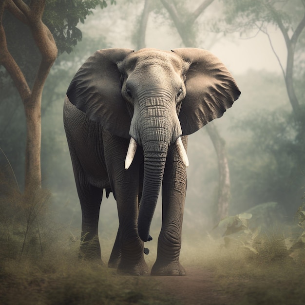 An elephant is walking in the forest with the word elephant on the front.