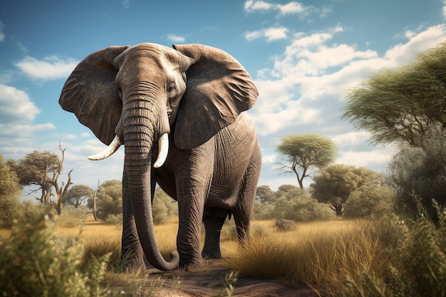 An elephant is walking through a field with trees in the background.