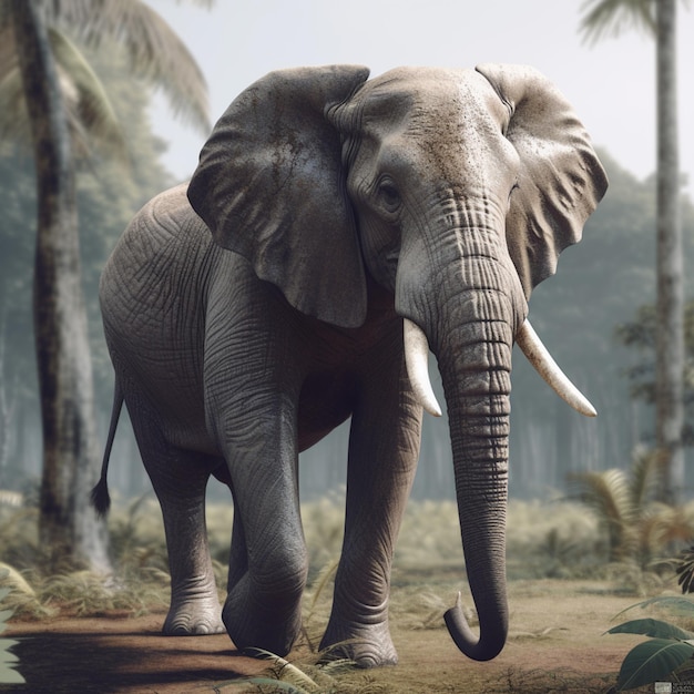 An elephant is walking through a jungle with palm trees in the background.