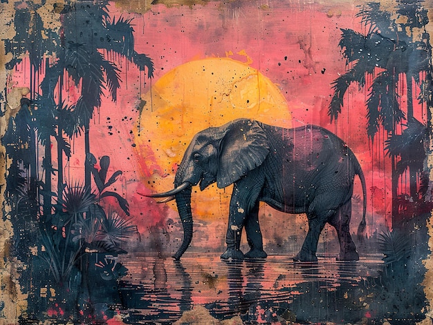 an elephant is walking in the water with palm trees in the background