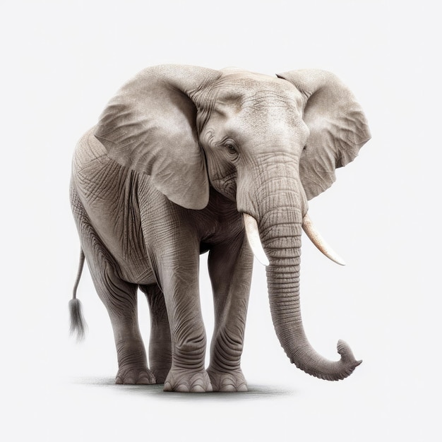 An elephant is walking on a white background.