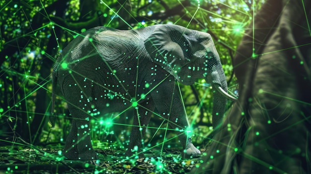 Photo elephant in jungle with digital network connection