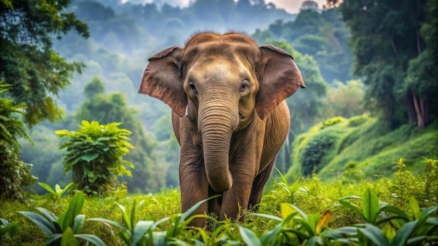 an elephant in the jungle with a forest in the background