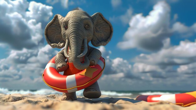 Photo elephant lifeguard with a lifebuoy on the beach 3d rendering