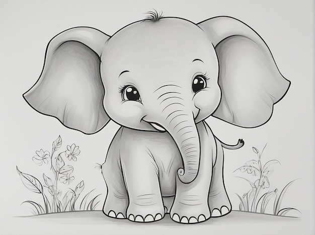 Elephant Line Art outline on white background coloring page for kids and adults