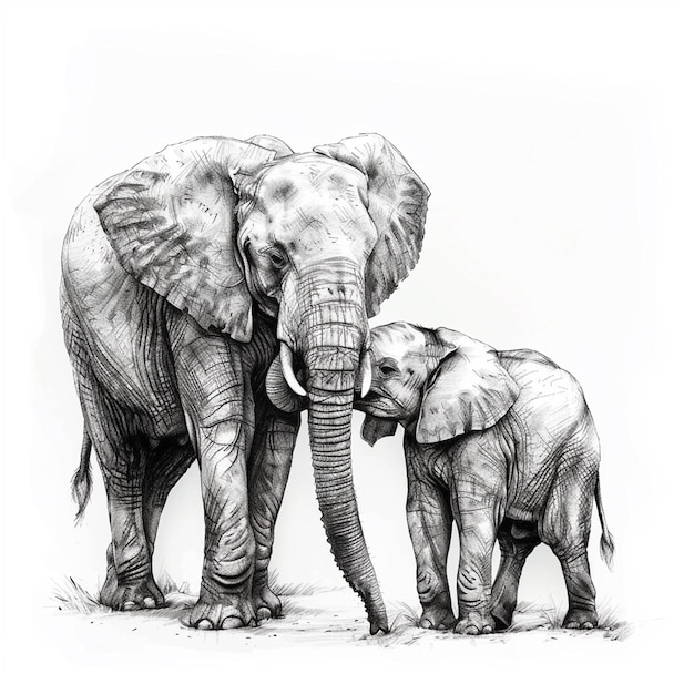 Elephant mother and baby love isolated pencil drawing on white paper artwork